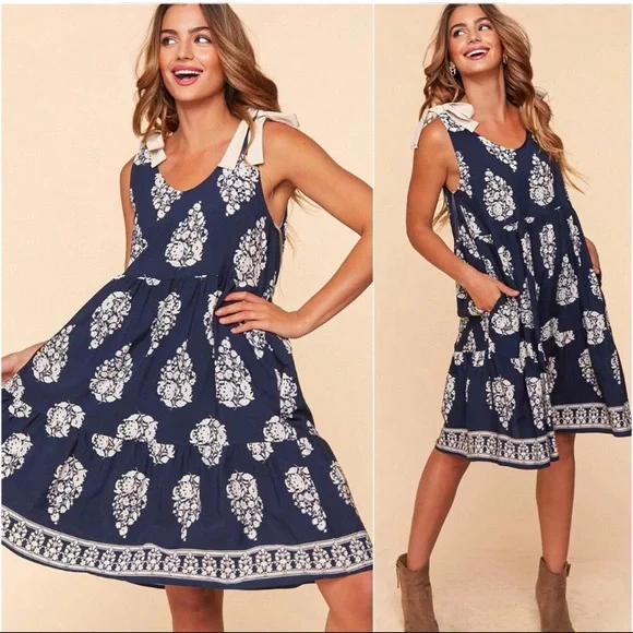 Navy batik border print shoulder bow tie summer cute women’s dress - Picture 2 of 3